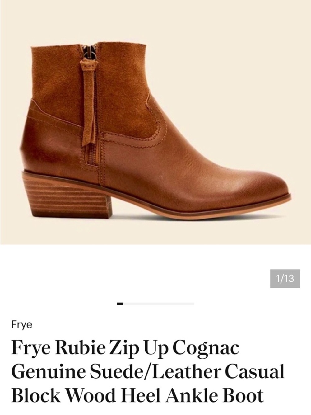 Frye Rubie Zip Up Cognac Genuine Suede/Leather Casual Block Wood Heel Ankle Boot